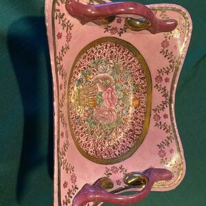 Pink Floral Ceramic Decorative Tray with Gold Trim and Handles